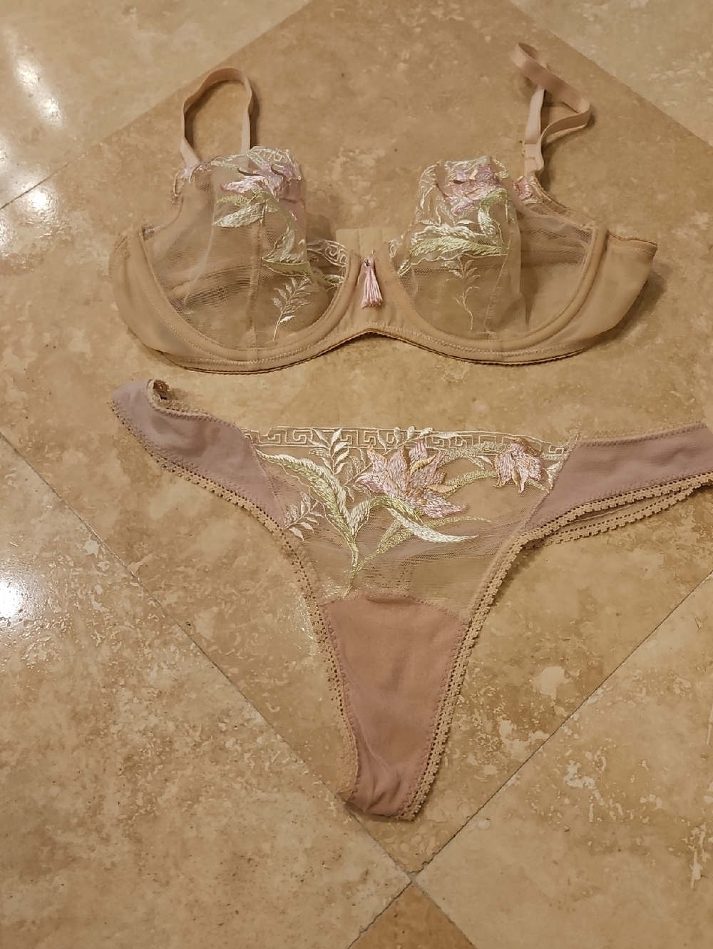 On Gossamer Sheer Embroidered Bra and Thong Set - Beige Pink